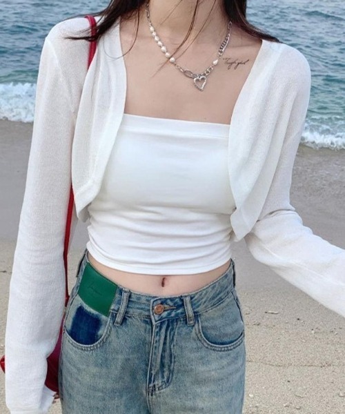 maison de LATIR(メゾンドラティール)の「ヘルシーな肌見せで、夏映え。華奢見え叶うショート丈夏服UVカットカーデ(カーディガン/ボレロ・レディース・ブラック/クリーム/ライトグリーン/ホワイト・FREE)」の6枚目の写真