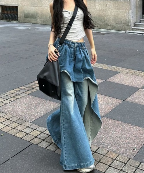 アシメデザインラップスカートレイヤードデニムワイドパンツ（デニム