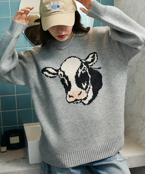 FREAK'S STORE（フリークスストア）の「PUBLUX/パブリュクス アニマル ジャガード ビッグ ニット　限定展開（ニット/セーター・レディース・グレー/グリーン/ブラック/ブルー・ﾌﾘ-）」の6枚目の写真