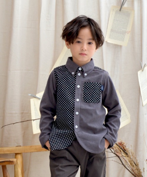 Tappet(タペット)の「ドット切り替えコーデュロイシャツ(シャツ/ブラウス・キッズ・チャコール・100cm/110cm/120cm/130cm/140cm/150cm/90cm/160cm)」の1枚目の写真