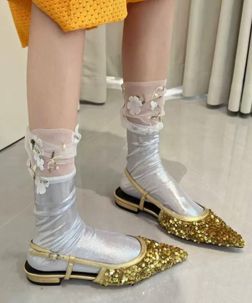 SANSeLF】 メタリックソックス チュール刺繍 デザインアクセント