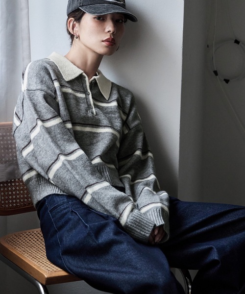 etoll.（エトル）の「マルチボーダーポロ襟ニット（ニット/セーター・レディース・グレー/アイボリー/ネイビー・FREE）」の2枚目の写真