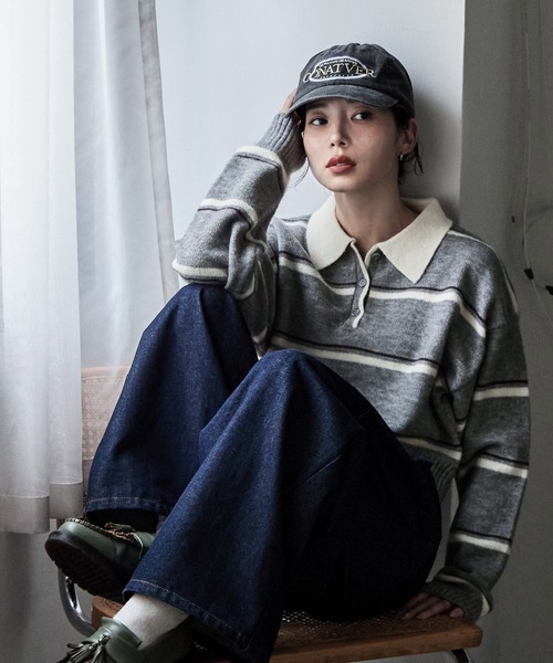 etoll.（エトル）の「マルチボーダーポロ襟ニット（ニット/セーター・レディース・グレー/アイボリー/ネイビー・FREE）」の6枚目の写真