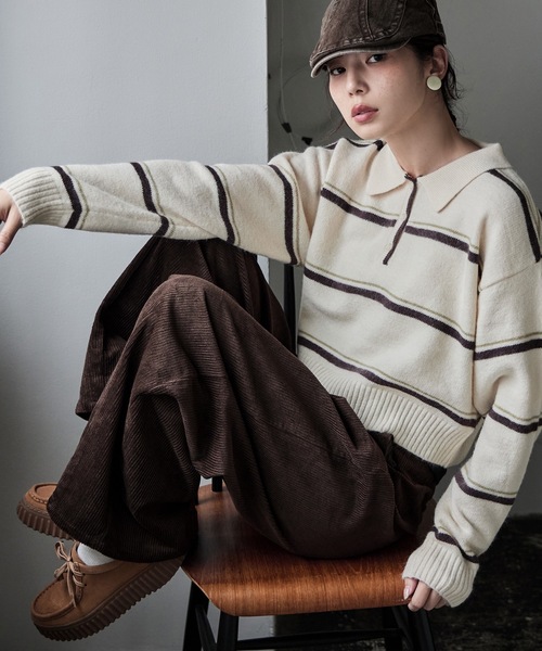 etoll.（エトル）の「マルチボーダーポロ襟ニット（ニット/セーター・レディース・グレー/アイボリー/ネイビー・FREE）」の11枚目の写真