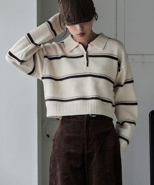 etoll.（エトル）の「マルチボーダーポロ襟ニット（ニット/セーター・レディース・グレー/アイボリー/ネイビー・FREE）」の12枚目の写真