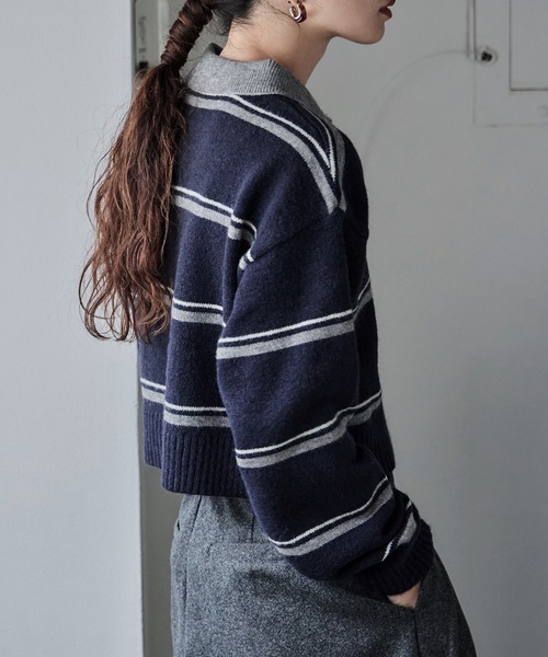 etoll.（エトル）の「マルチボーダーポロ襟ニット（ニット/セーター・レディース・グレー/アイボリー/ネイビー・FREE）」の22枚目の写真