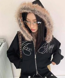 フェイクファーフード付き ラインストーンロゴブルゾン
