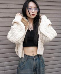 WEGO/【25年秋冬新作】フェイクファー付きケーブルニットパーカー