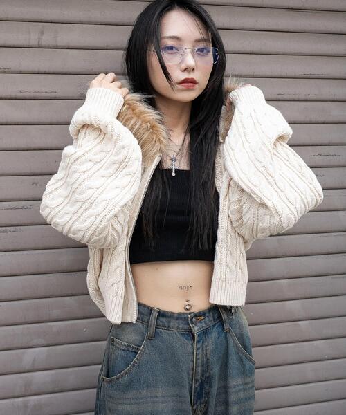 セール】WEGO/【25年秋冬新作】フェイクファー付きケーブルニット