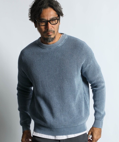 The DUFFER of ST.GEORGE（ザダファーオブセントジョージ）の「GARMENT-DYE FADE COLOR KNIT：製品染め フェードカラー ニット（ニット/セーター・メンズ・ブルー/ブルーグリーン/バーガンディー/ブラック・SMALL/MEDIUM/LARGE/X-LARGE）」の7枚目の写真