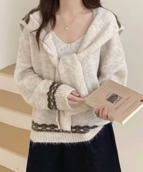 セール】3wayセーラーカラーニットトップス/ショール付きふわもこ