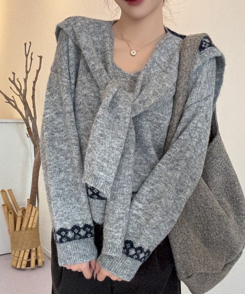 セール】3wayセーラーカラーニットトップス/ショール付きふわもこ