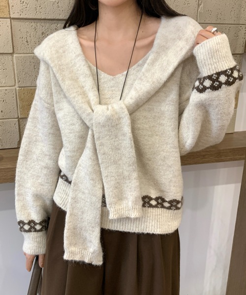 セール】3wayセーラーカラーニットトップス/ショール付きふわもこ