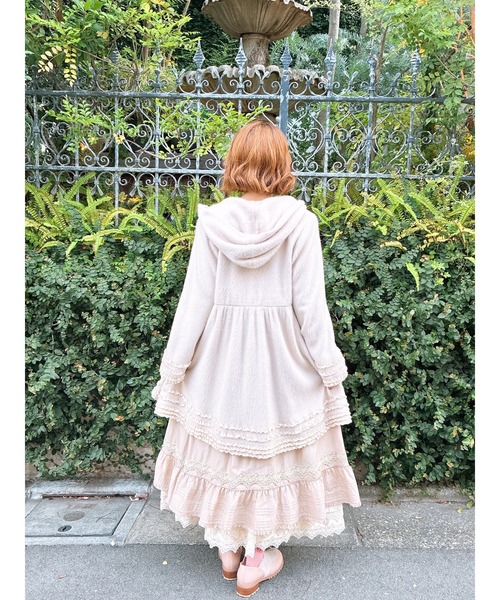 ピンクハウスフード付きアイボリーカーディガン モチーフ付きフリルニットフードカーディガン （カーディガン・ボレロ