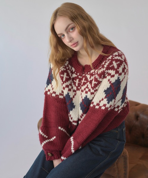 hazyl（ヘイジル）の「Nordic knit cardigan / ノルディックニットカーディガン（カーディガン/ボレロ・レディース・ボルドー/ネイビー・フリー）」の12枚目の写真