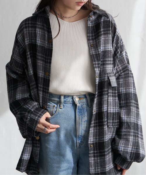 VENCEEXCHANGE（ヴァンスエクスチェンジ）の「起毛チェックオーバーシャツ（シャツ/ブラウス・レディース・ブラック/ブルー系/ブラウン・FREE）」の10枚目の写真