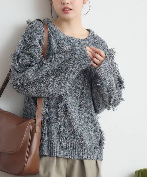 RETRO GIRL（レトロガール）の「ミックスフリンジNTPO（ニット/セーター・レディース・ナチュラル/ブルー/ブラウン・FREE）」の3枚目の写真