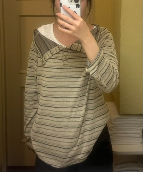 Vini（ヴィニ）の「オフショルダールーズボーダートップス（Tシャツ/カットソー・レディース・ブラウン/ダークグレー・MEDIUM）」の11枚目の写真