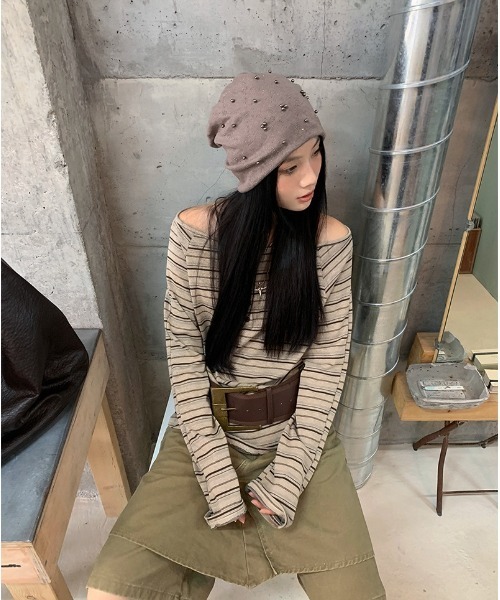 Vini（ヴィニ）の「オフショルダールーズボーダートップス（Tシャツ/カットソー・レディース・ブラウン/ダークグレー・MEDIUM）」の10枚目の写真