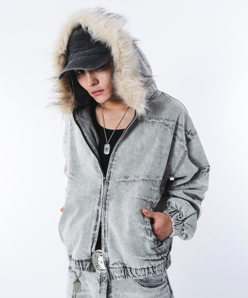 SHORT ROUND（ショートラウンド）の「SHORT ROUND/【26年春夏新作】ファーフードスラッシュデニムブルゾン（ブルゾン・メンズ・ブラック/インディゴブルー/グレー・MEDIUM/LARGE）」の2枚目の写真