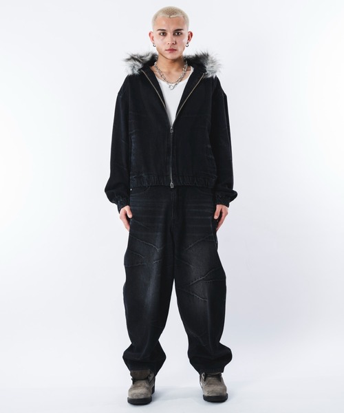 SHORT ROUND（ショートラウンド）の「SHORT ROUND/【26年春夏新作】ファーフードスラッシュデニムブルゾン（ブルゾン・メンズ・ブラック/インディゴブルー/グレー・MEDIUM/LARGE）」の12枚目の写真