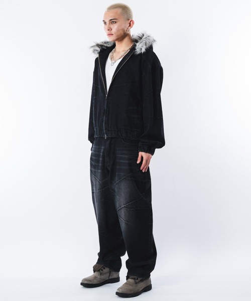 SHORT ROUND（ショートラウンド）の「SHORT ROUND/【26年春夏新作】ファーフードスラッシュデニムブルゾン（ブルゾン・メンズ・ブラック/インディゴブルー/グレー・MEDIUM/LARGE）」の13枚目の写真