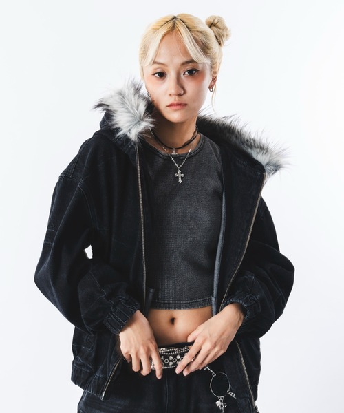 SHORT ROUND（ショートラウンド）の「SHORT ROUND/【26年春夏新作】ファーフードスラッシュデニムブルゾン（ブルゾン・メンズ・ブラック/インディゴブルー/グレー・MEDIUM/LARGE）」の20枚目の写真