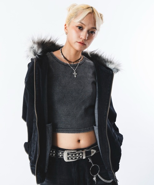 SHORT ROUND（ショートラウンド）の「SHORT ROUND/【26年春夏新作】ファーフードスラッシュデニムブルゾン（ブルゾン・メンズ・ブラック/インディゴブルー/グレー・MEDIUM/LARGE）」の21枚目の写真