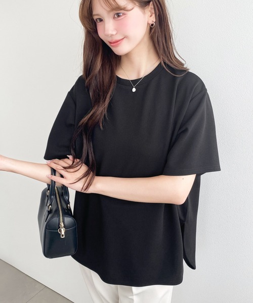 moment+（モーメントプラス）の「しわになりにくいストレッチジョーゼット半袖Tブラウス（Tシャツ/カットソー・レディース・ネイビー/オフホワイト/ブラック・M/L）」の2枚目の写真