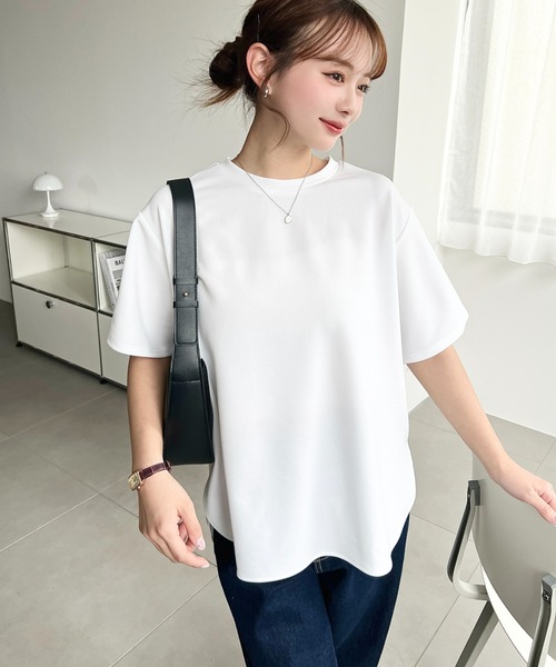 moment+（モーメントプラス）の「しわになりにくいストレッチジョーゼット半袖Tブラウス（Tシャツ/カットソー・レディース・ネイビー/オフホワイト/ブラック・M/L）」の4枚目の写真