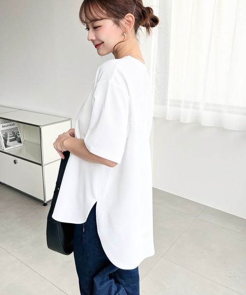 moment+（モーメントプラス）の「しわになりにくいストレッチジョーゼット半袖Tブラウス（Tシャツ/カットソー・レディース・ネイビー/オフホワイト/ブラック・M/L）」の7枚目の写真
