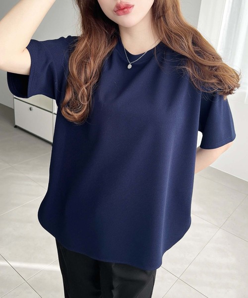 moment+（モーメントプラス）の「しわになりにくいストレッチジョーゼット半袖Tブラウス（Tシャツ/カットソー・レディース・ネイビー/オフホワイト/ブラック・M/L）」の21枚目の写真