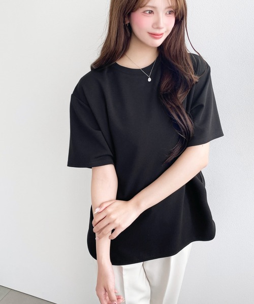 moment+（モーメントプラス）の「しわになりにくいストレッチジョーゼット半袖Tブラウス（Tシャツ/カットソー・レディース・ネイビー/オフホワイト/ブラック・M/L）」の19枚目の写真