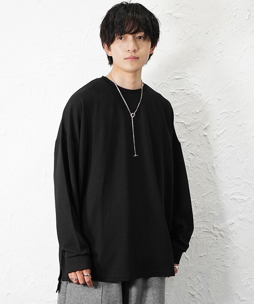 ꒰RUMSEE꒱スタッズ カットソー 黒系 長袖 トップス LサイズOK セール】【MinoriTY】6分袖＆長袖 柔らか梨地素材スーパービッグ