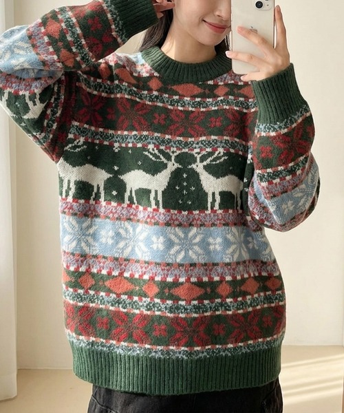 レトロ可愛い】北欧風ノルディック柄 ジャガードニットプルオーバー