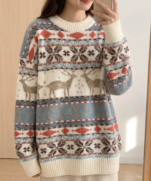 nonomi(ノノミ)の「【レトロ可愛い】北欧風ノルディック柄 ジャガードニットプルオーバー / ビッグシルエット / 古着MIX(ニット/セーター・レディース・グリーン/ホワイト・FREE)」の4枚目の写真