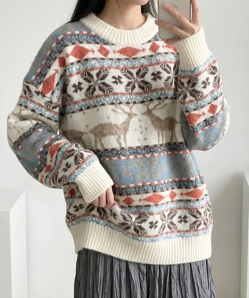 nonomi(ノノミ)の「【レトロ可愛い】北欧風ノルディック柄 ジャガードニットプルオーバー / ビッグシルエット / 古着MIX(ニット/セーター・レディース・グリーン/ホワイト・FREE)」の5枚目の写真