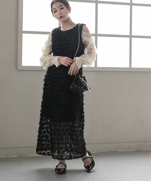 birei（ビレイ）の「ドロストギャザースリーブ×プチローズペンシルドレス（ドレス・レディース・ブラック/ブラック×ホワイト/ブラック×グレー・M）」の4枚目の写真