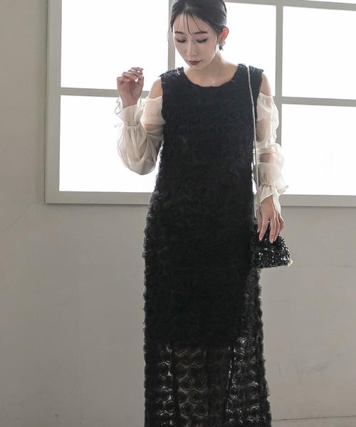 birei（ビレイ）の「ドロストギャザースリーブ×プチローズペンシルドレス（ドレス・レディース・ブラック/ブラック×ホワイト/ブラック×グレー・M）」の5枚目の写真