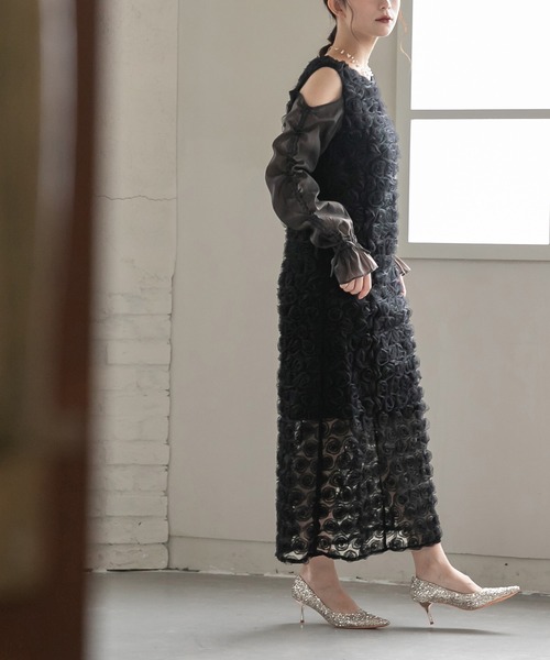 birei（ビレイ）の「ドロストギャザースリーブ×プチローズペンシルドレス（ドレス・レディース・ブラック/ブラック×ホワイト/ブラック×グレー・M）」の13枚目の写真