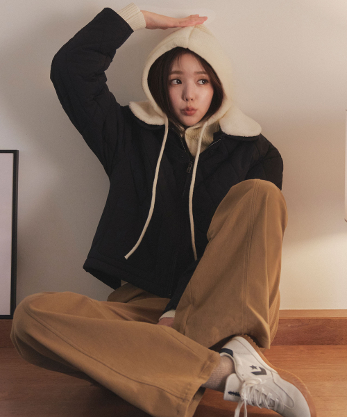 パーカラーキルティングポケットジャンパー_BLACK