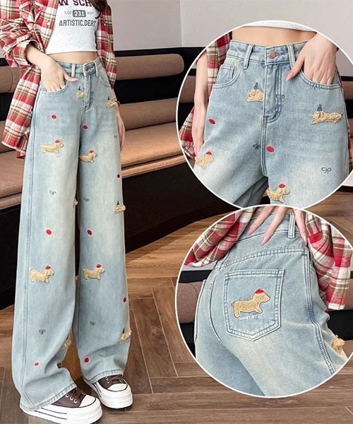 gossip!ロサンゼルス(ゴシップロサンゼルス)の「キュートステッチデザイン ワイドデニムパンツ(デニムパンツ・レディース・ブルー・S/M)」の1枚目の写真