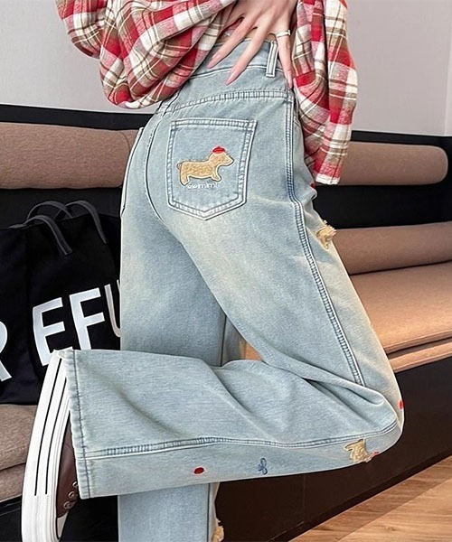 gossip!ロサンゼルス(ゴシップロサンゼルス)の「キュートステッチデザイン ワイドデニムパンツ(デニムパンツ・レディース・ブルー・S/M)」の4枚目の写真