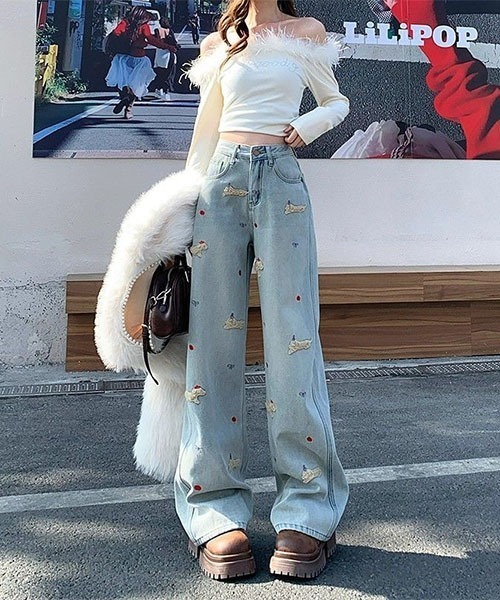 gossip!ロサンゼルス(ゴシップロサンゼルス)の「キュートステッチデザイン ワイドデニムパンツ(デニムパンツ・レディース・ブルー・S/M)」の7枚目の写真