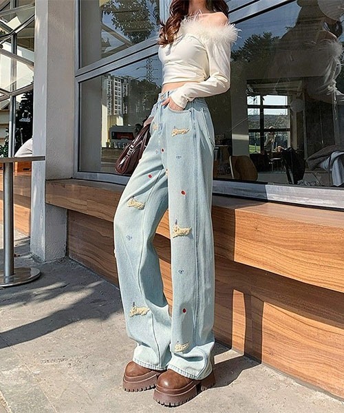 gossip!ロサンゼルス(ゴシップロサンゼルス)の「キュートステッチデザイン ワイドデニムパンツ(デニムパンツ・レディース・ブルー・S/M)」の8枚目の写真