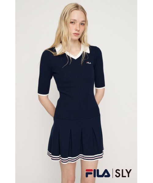 SLY(スライ)の「FILA x SLY BOX PLEATS S/OP フィラスライボックスプリーツショートワンピース 春服(ワンピース・レディース・ネイビー/杢グレー・1/2)」の2枚目の写真