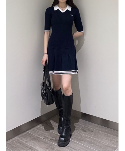 SLY(スライ)の「FILA x SLY BOX PLEATS S/OP フィラスライボックスプリーツショートワンピース 春服(ワンピース・レディース・ネイビー/杢グレー・1/2)」の14枚目の写真