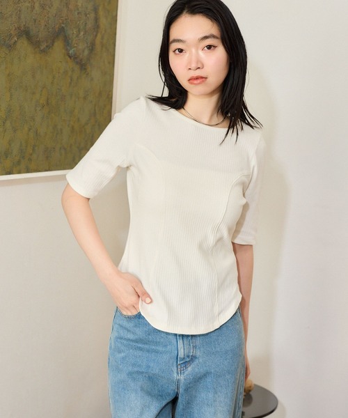 mysty woman（ミスティウーマン）の「テレコキリカエカットソー5S　659811（Tシャツ/カットソー・レディース・ブラック/オフホワイト/グレー・FREE）」の2枚目の写真