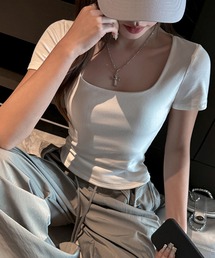 コットン スクエアネック ストレッチTシャツ
