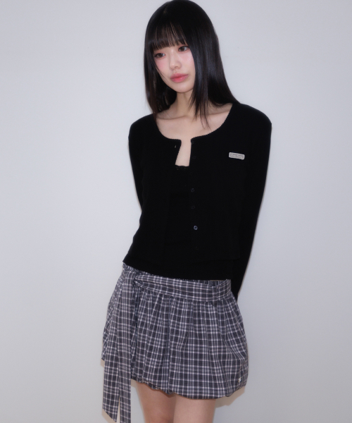 Balloon Check Belted Miniskirt [Black]